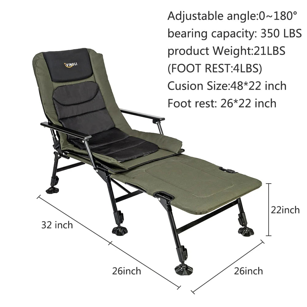 VINGLI Oversized Fishing Chair with Footrest Support 440 lbs 160° Adjustable Backrest, Black & Army Green