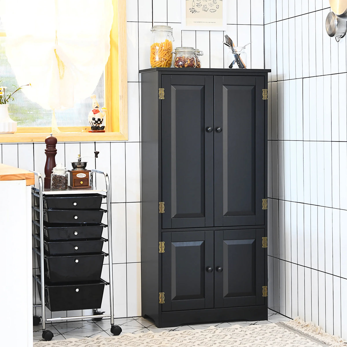 Costway Accent Floor Storage Cabinet W/ Adjustable Shelves Antique 2-Door Cream White