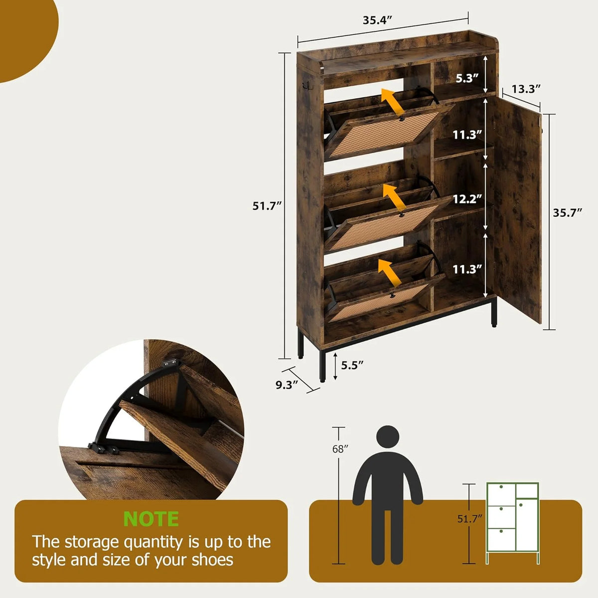Garvee Rattan Shoe Storage Cabinet with Doors and 3 Flip Drawers, Freestanding Organizer with Adjustable Shelves for Entryway, Narrow Shoe Rack Cabinet for Hallway, Easy Assembly, Oak Color