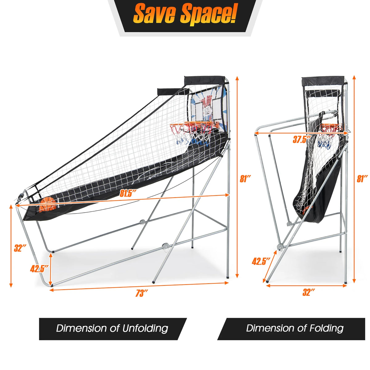 Costway Dual LED Electronic Shot Basketball Arcade Game with 8 Game Modes 4 Balls Foldable Grey