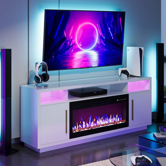 BELLEZE Fireplace TV Stand for TVs Up To 75", Entertainment Center with 36" Electric Fireplace, LED Ambient Lighting, and Storage, Media Console Table 69 Inch - Avenue (Black)