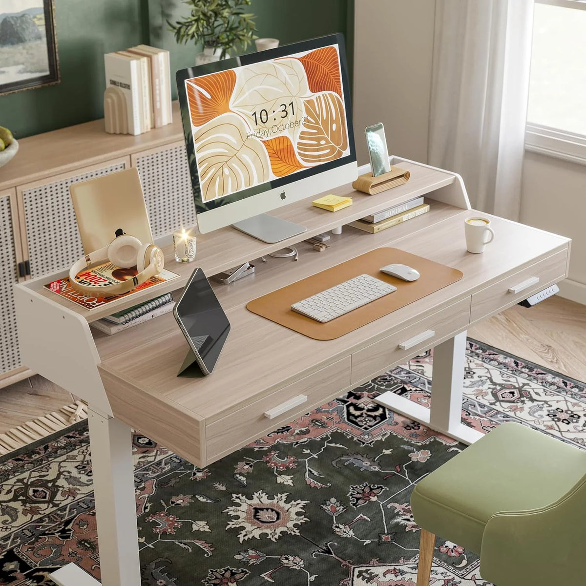 FEZIBO Electric Standing Desk with 3 Drawers & Monitor Shelves, 48 x 26 inches Sit Stand Home Office Desk, Rustic Brown
