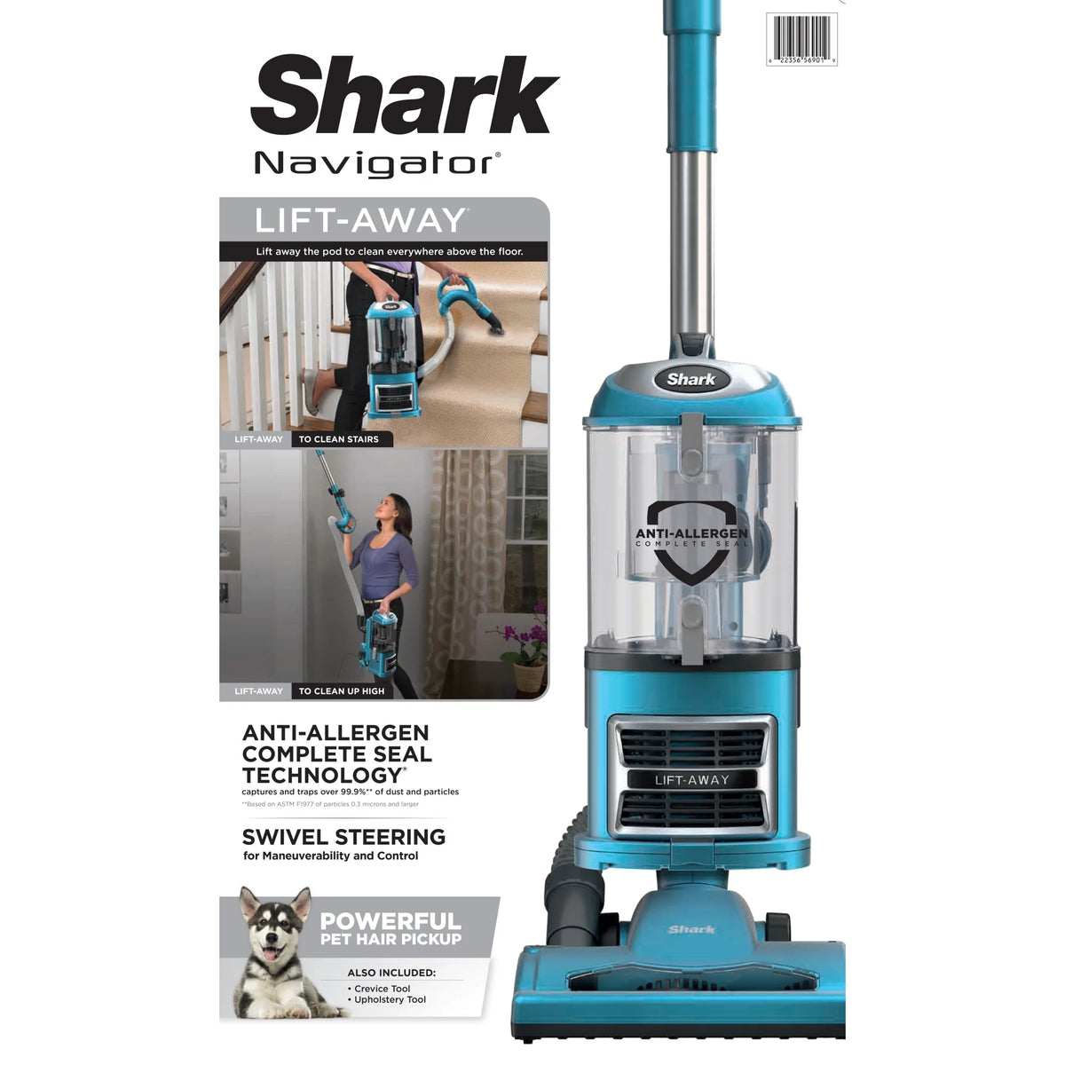 Shark Upright Vacuum, Navigator Lift-Away with Powerful Suction, Bagless, Hard Floor and Carpet, Large Dust Cup, Hepa Filter, Swivel Steering, Upholstery & Crevice Tool, NV380, Blue