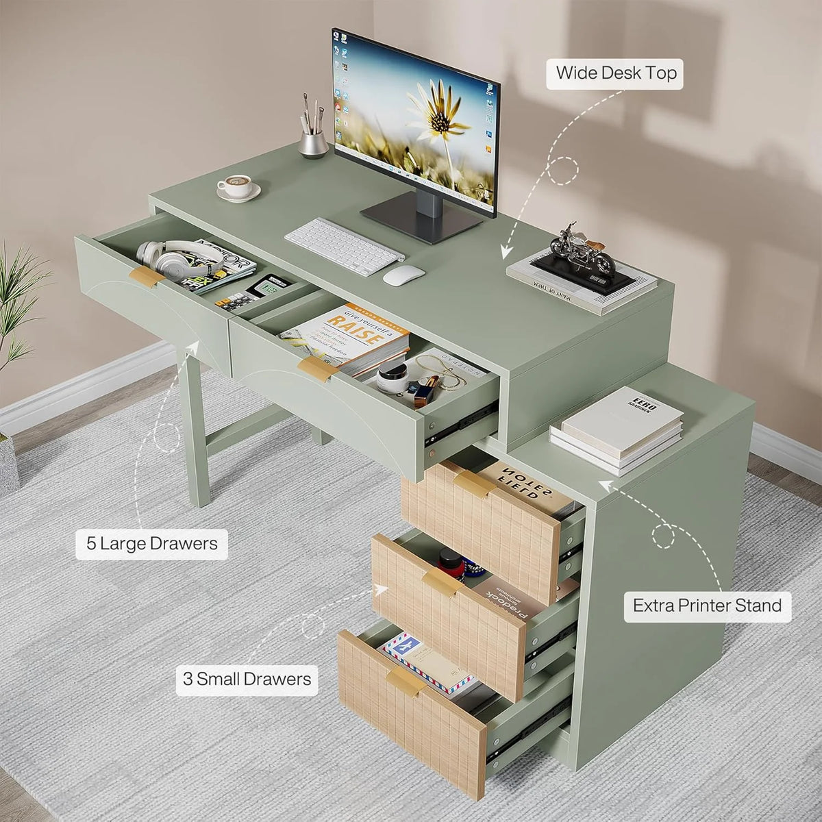 Tribesigns 39" Reversible Computer Desk with 5 Drawers, Wood Writing Desk for Home Office, Green