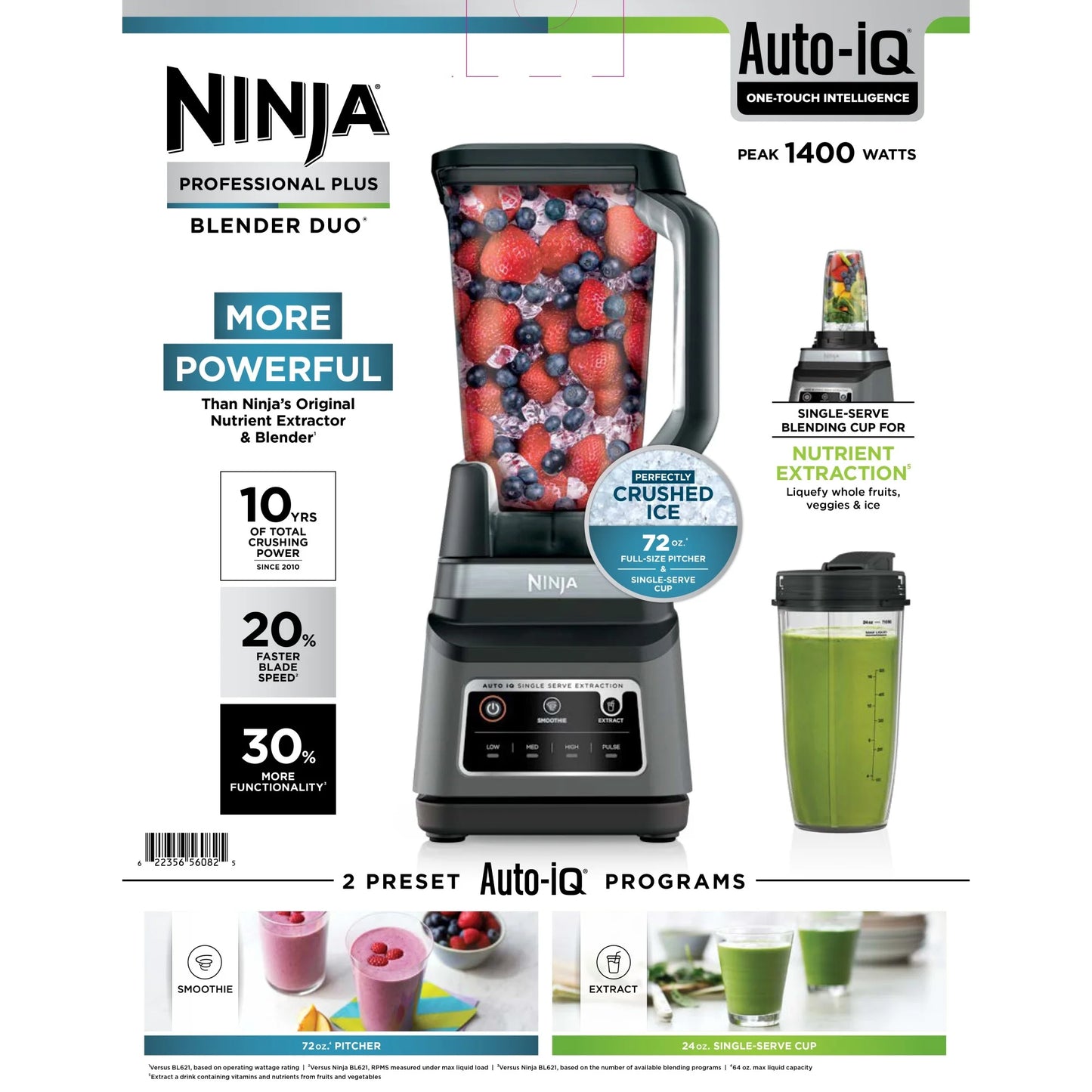 Ninja Professional Plus DUO Blender, 1400 W, 2 Auto-IQ Programs for Smoothies, Nutrient Extraction, 72 oz* Total Crushing Pitcher & (1) 24 oz To-Go Cup, Black, BN750