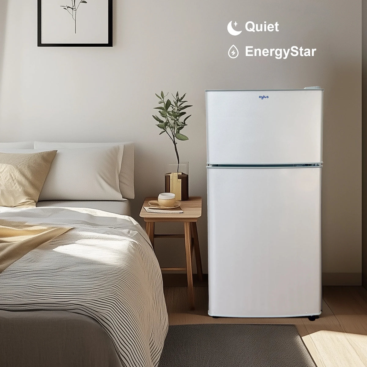 Oylus Double Door Mini Fridge with Freezer for Bedroom Office or Dorm with Adjustable Remove Glass Shelves Compact Refrigerator, 3.9 cu ft