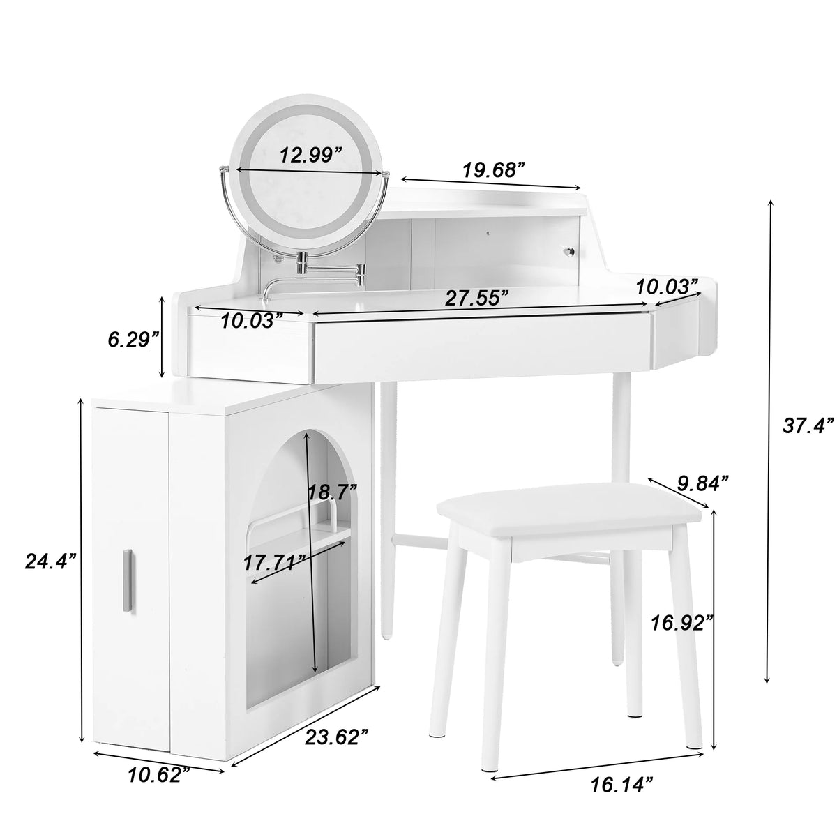 MODERNLUXE Corner Makeup Vanity Desk with Folding Mirror and Lights,Modern Vanity Set with 1 Stool,2 Drawers and 3 Shelves for Bedroom,Women, and Girls,Walnut