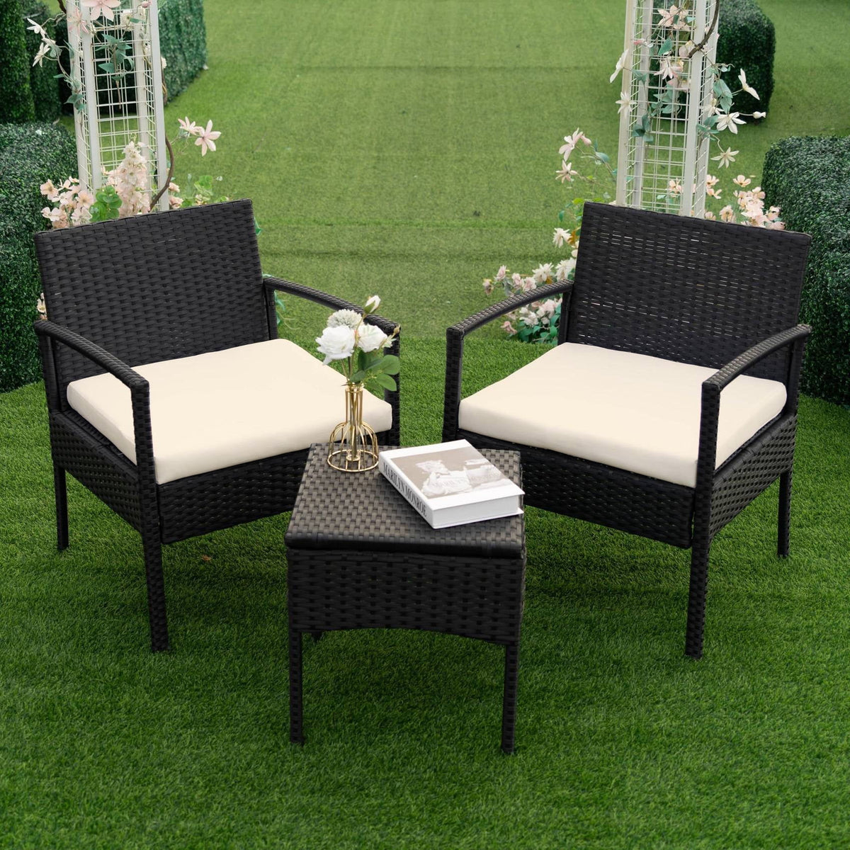 Tappio Outdoor Furniture 3 Piece Patio Bistro Furniture Set, Rattan Conversation Chairs Set with Side Table and Cushions, Patio Furniture Sets for Balcony Garden Porch, Red