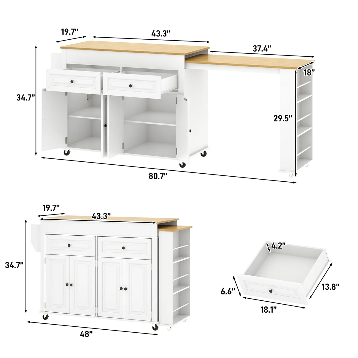 ANPOO Large Kitchen Island with Extendable Dining Table and Power Outlet, Rolling Kitchen Island Cart on Wheels with 2 Storage Cabinets & 2 Drawers & 3 Spice Racks, Island Table for Kitchen
