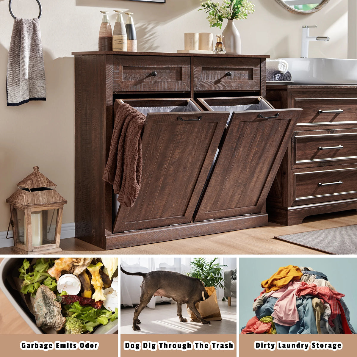 SinCiDo Kitchen Double Tilt Out Trash Can Cabinet, 20 Gallon Farmhouse Wooden Trash Garbage Can with Drawer