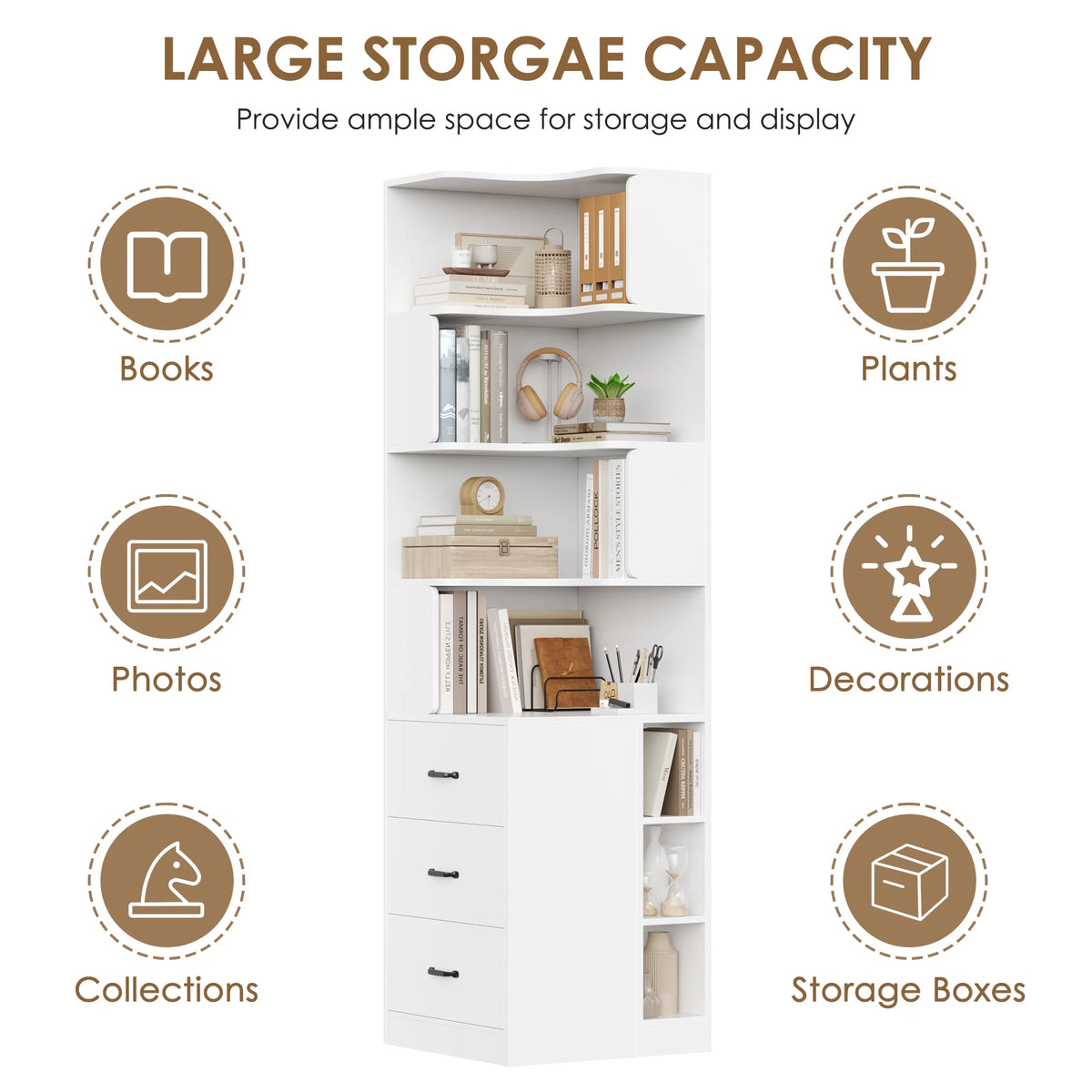 Hiphuta 77"Tall L-Shaped Corner Bookshelf with Drawers and Side Storage, Modern Wood Bookcase with 4-Tier Display Shelves Storage Cabinet for Living Room Home Office , Black