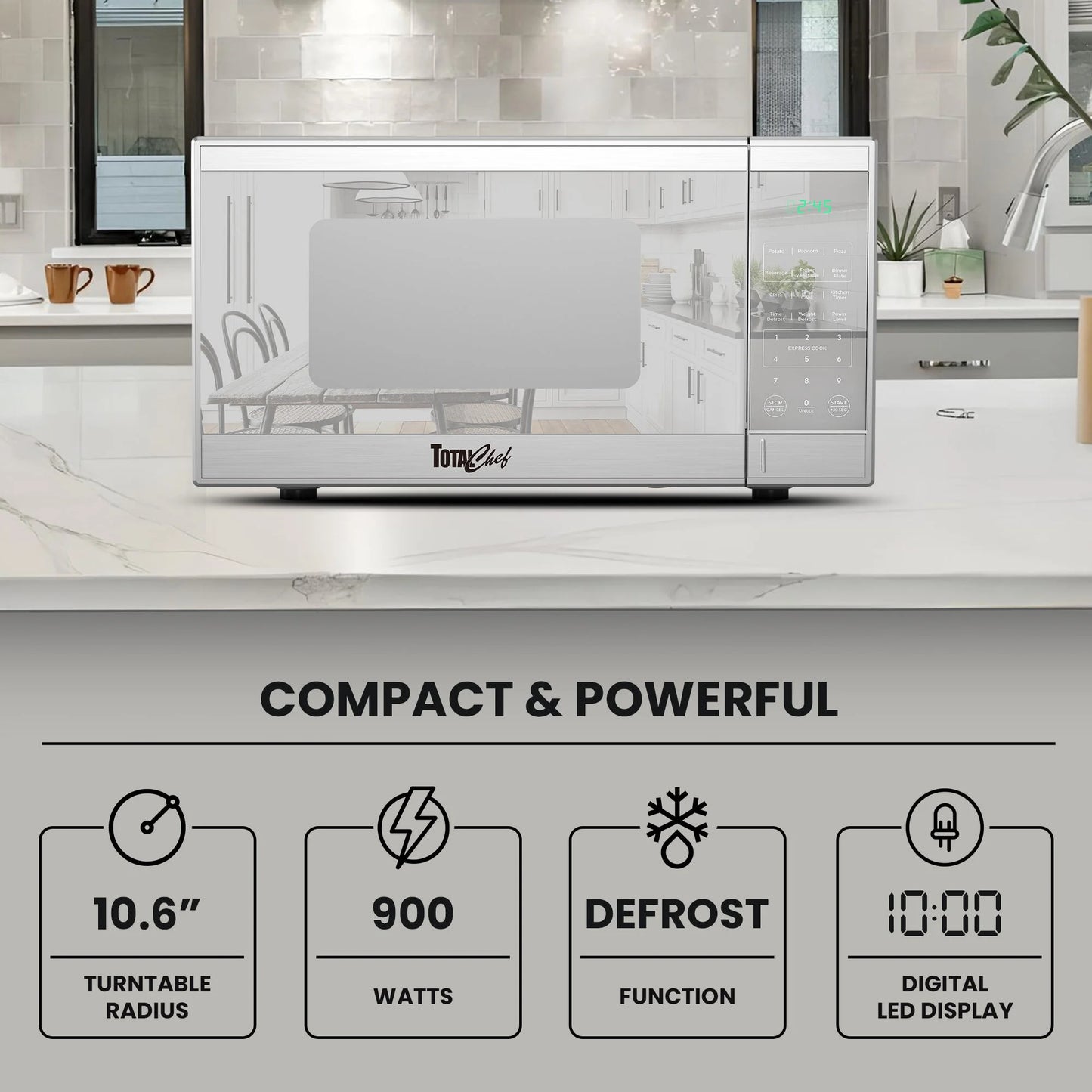 Total Chef Countertop Microwave Oven, 900W, 0.9 Cu Ft, Stainless Steel