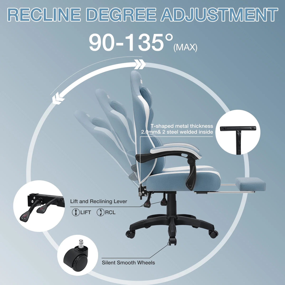 Hoffree Gaming Chair with Massage Fabric Office Chair with footrest for Adults, Ergonomic Gamer Chair with Headrest and Lumbar Support for Office Gaming, 440 LBS