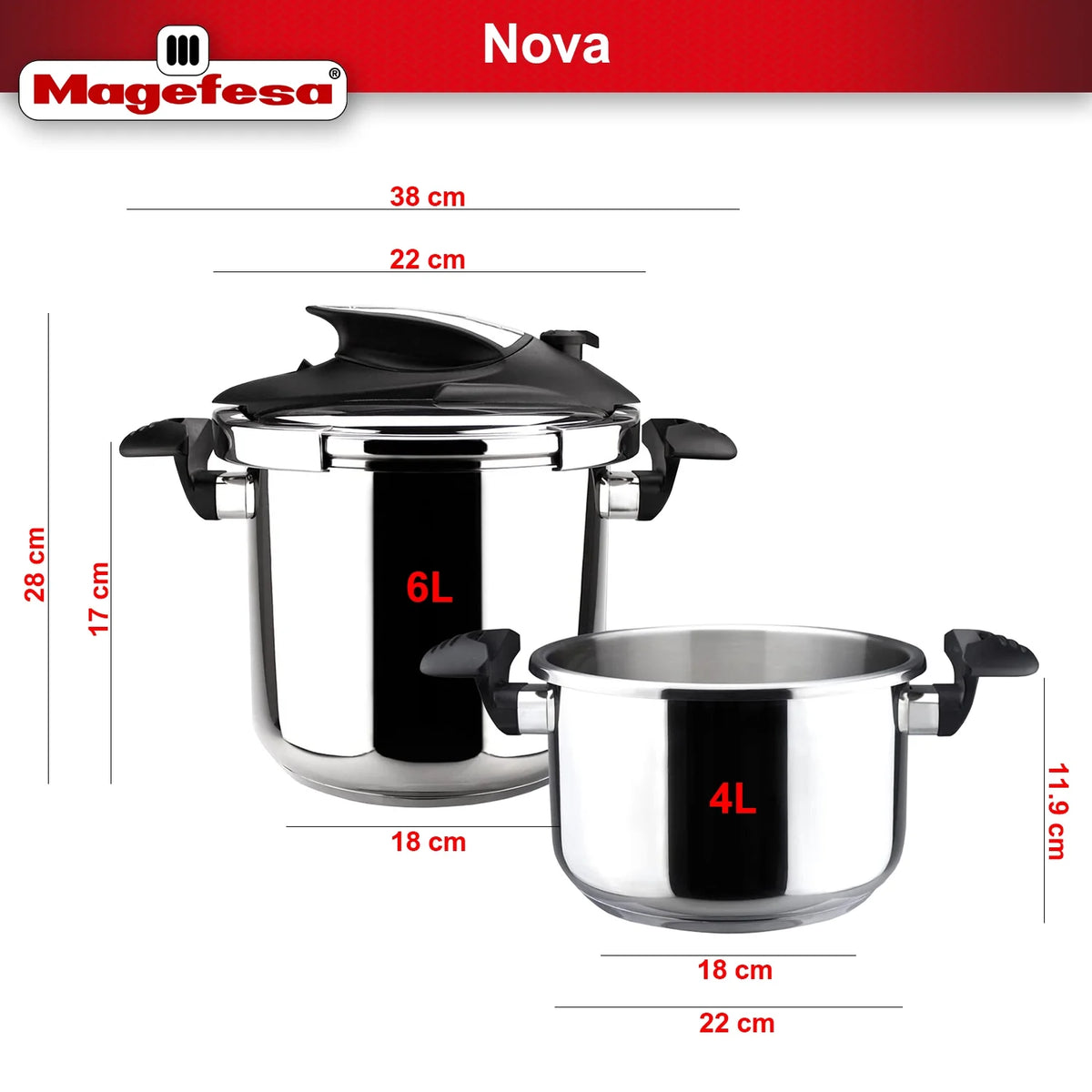 Magefesa Nova 4.2 Qt Stovetop Pressure Cooker �?Fast Cooking, Easy Locking, 18/10 Stainless Steel, Induction Compatible, 5 Safety Features, 11.6 PSI