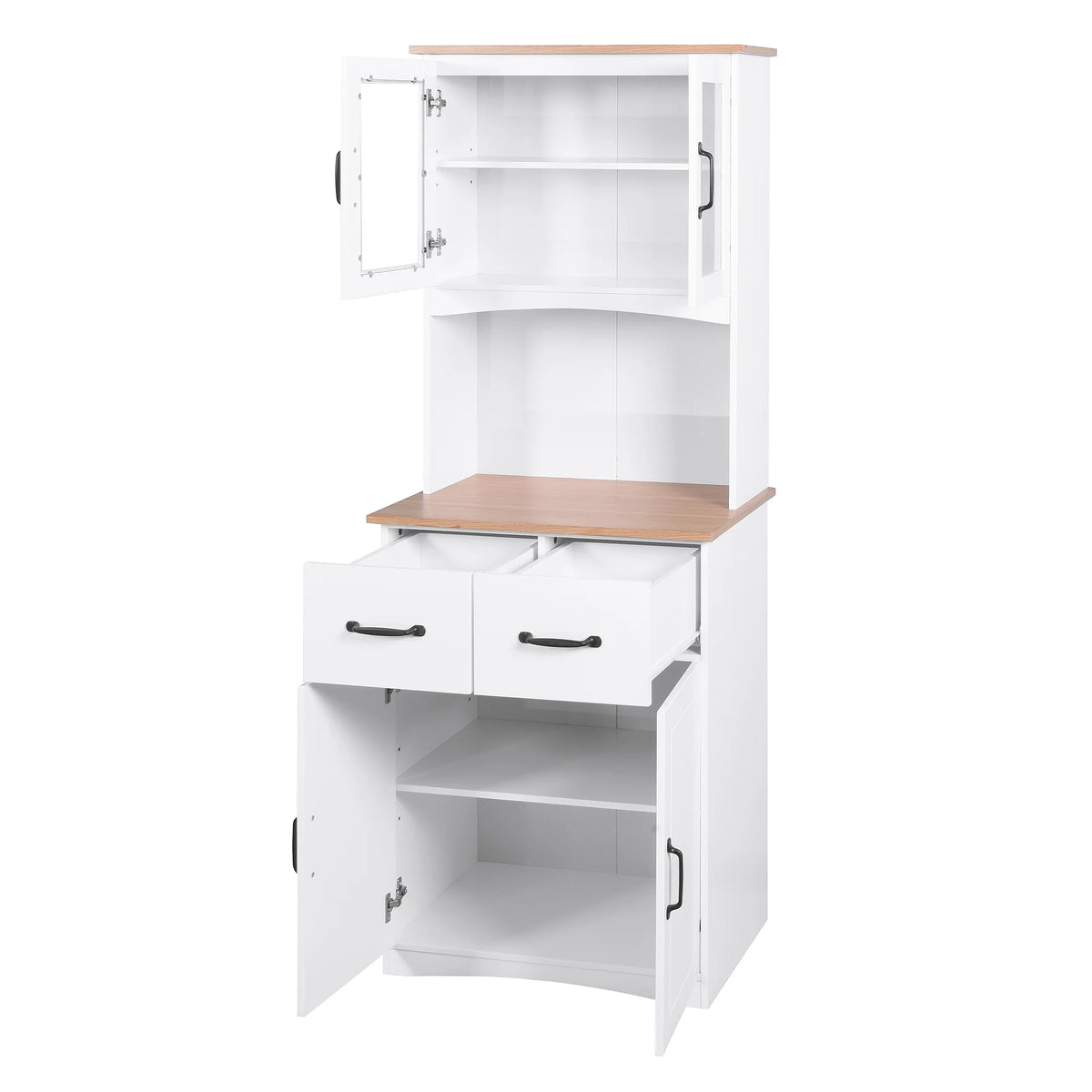 Clearance! Wooden Kitchen Cabinet White Pantry Room Storage Microwave Cabinet with Framed Glass Doors and Drawer