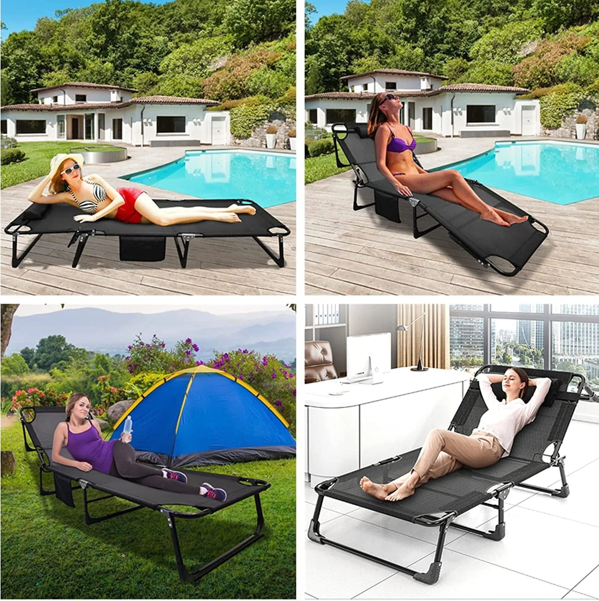 Slsy 4-Fold Folding Camping Cot with 2 Sided Mattress & Pillow, Adjustable 5-Position Folding Lounge Chair, Folding Sleeping Cots