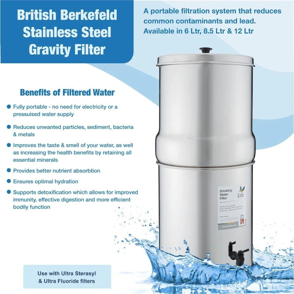 British Berkefeld Doulton Gravity Water Filter System 1 Liter Compact Portable Stainless Steel Water Filter System for Home with 1 Doulton NSF certified Ceramic Ultra Sterasyl Cartridge