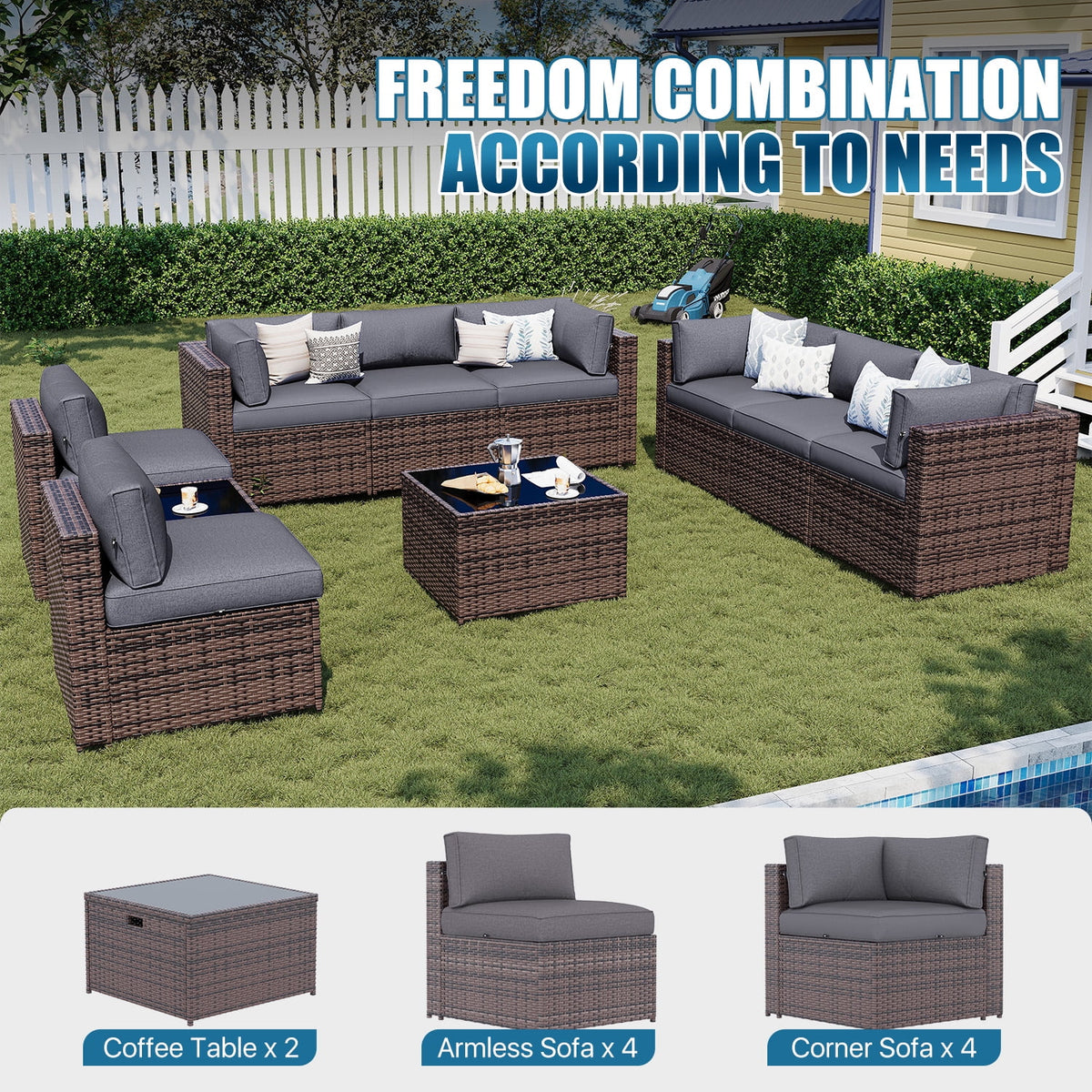 Sunmthink Patio Furniture Sets, 10-Piece Outdoor Patio Furniture with Thick Cushions, Wicker Outdoor Conversation Set and Waterproof Cover for Backyard, Poolside, Garden