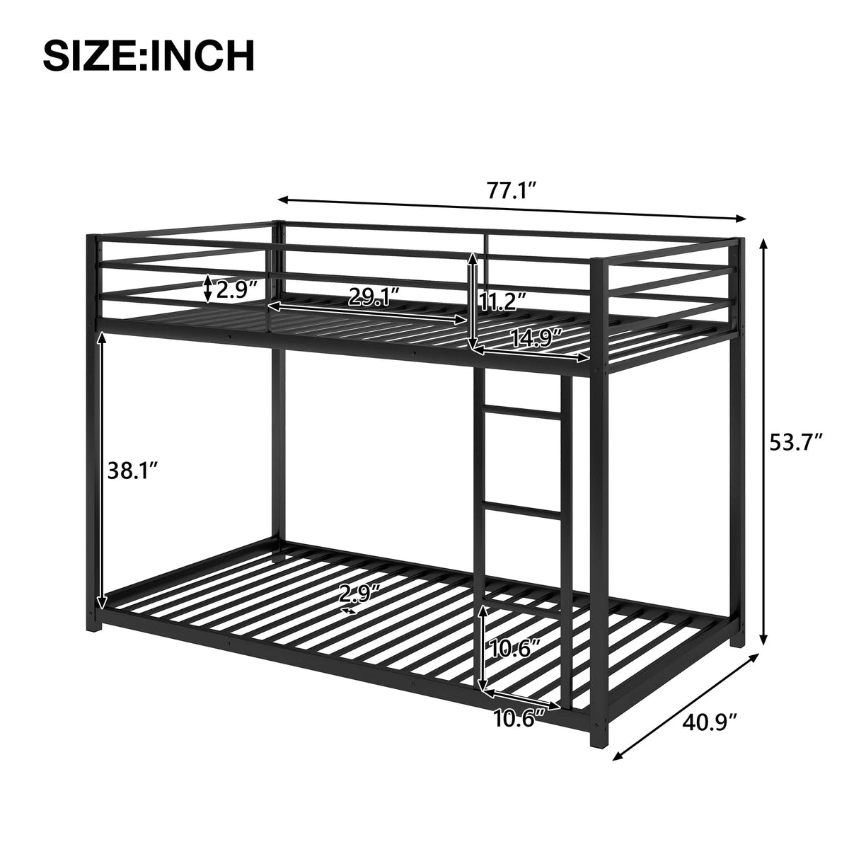 Euroco Twin Metal Low Bunk Bed with Ladder, Black