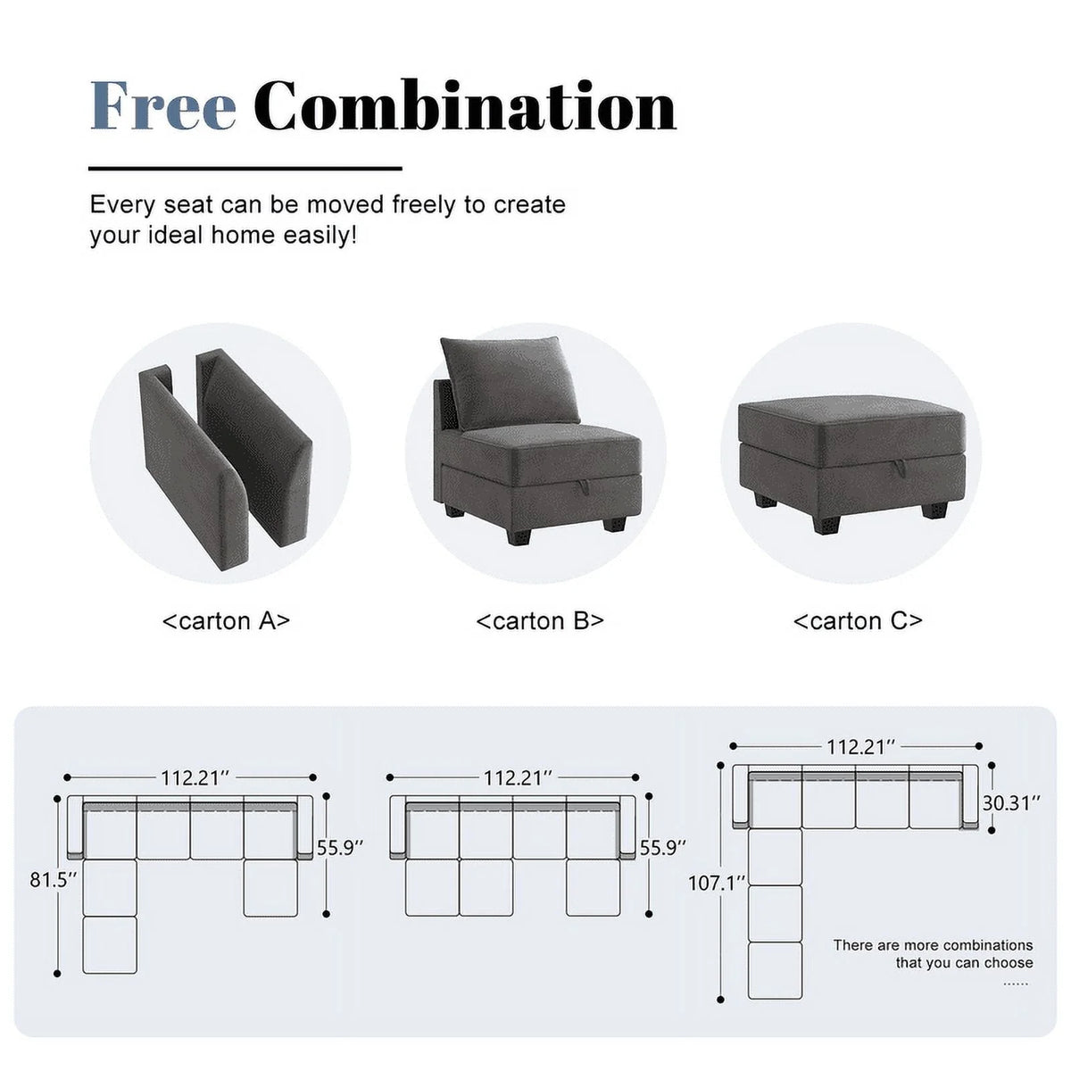 HONBAY Modular Sectional Sofa with Ottoman Oversized U Shaped Couch with Reversible Chaise Velvet Sleeper Modular Sofa Convertible Sectional Couch for Living Room, Grey