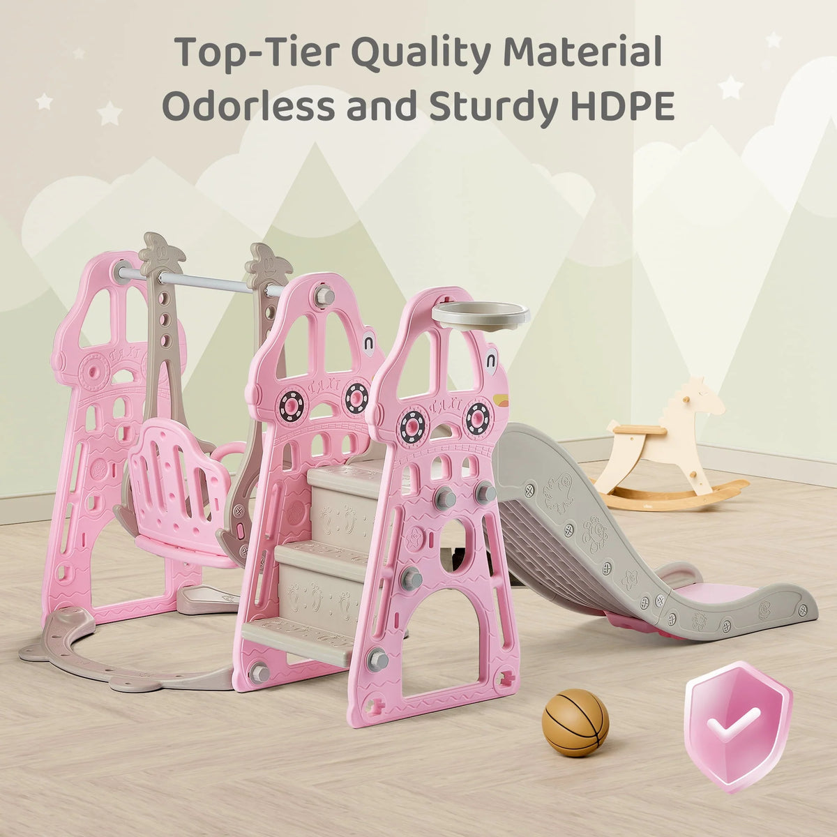 DUKE BABY 4-in-1 Kids Swing and Slide Set for Toddler Age 1-6, Extra Large Baby Indoor Outdoor Activity Playground with Basketball Hoop and Climber – Pink