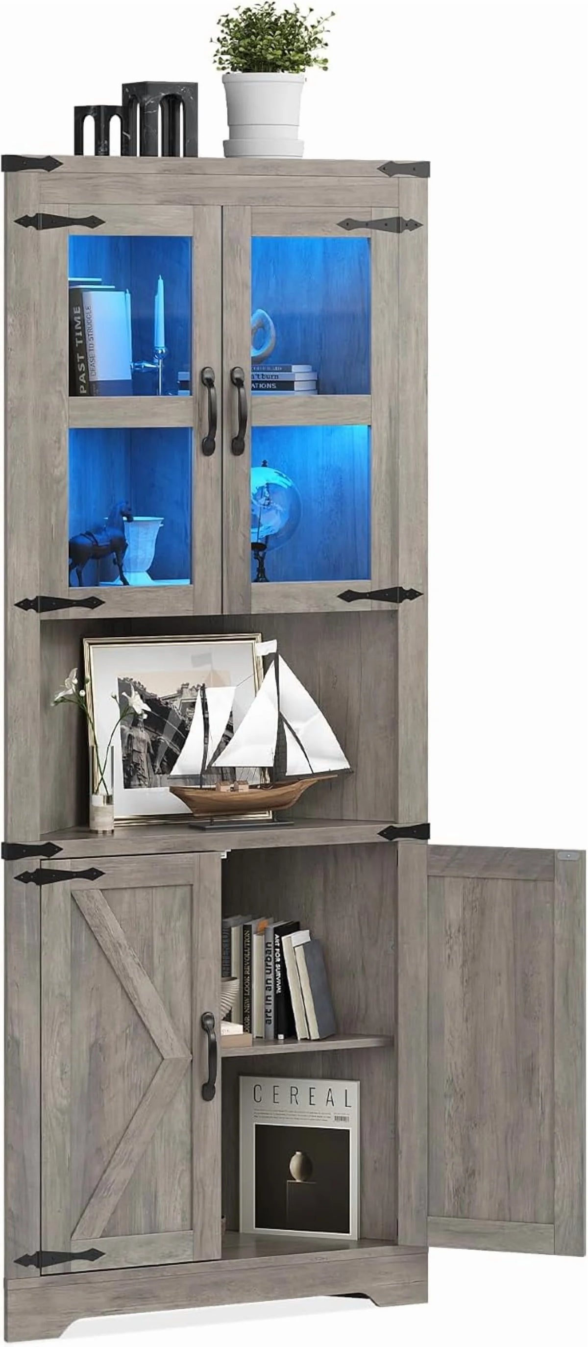 67" Tall Corner Storage Cabinet with Lights, Farmhouse Corner Hutch Display Cabinet with Glass Doors, Wooden Storage Organizer for Kitchen, Living Room, Bathroom, Washed Grey