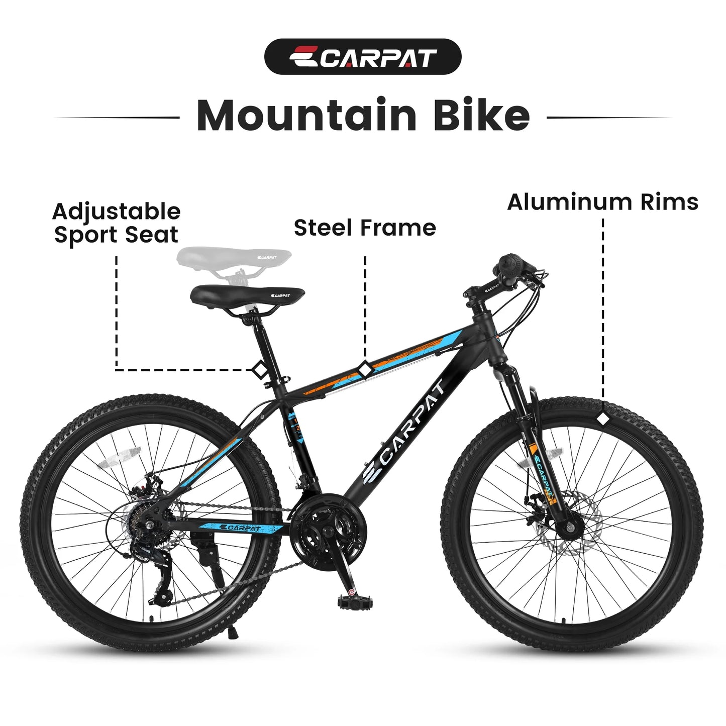 26 inch Mountain Bike for Men, Adult Mountain Bike with Shimano 21 Speed & Disc Brakes, Black Orange