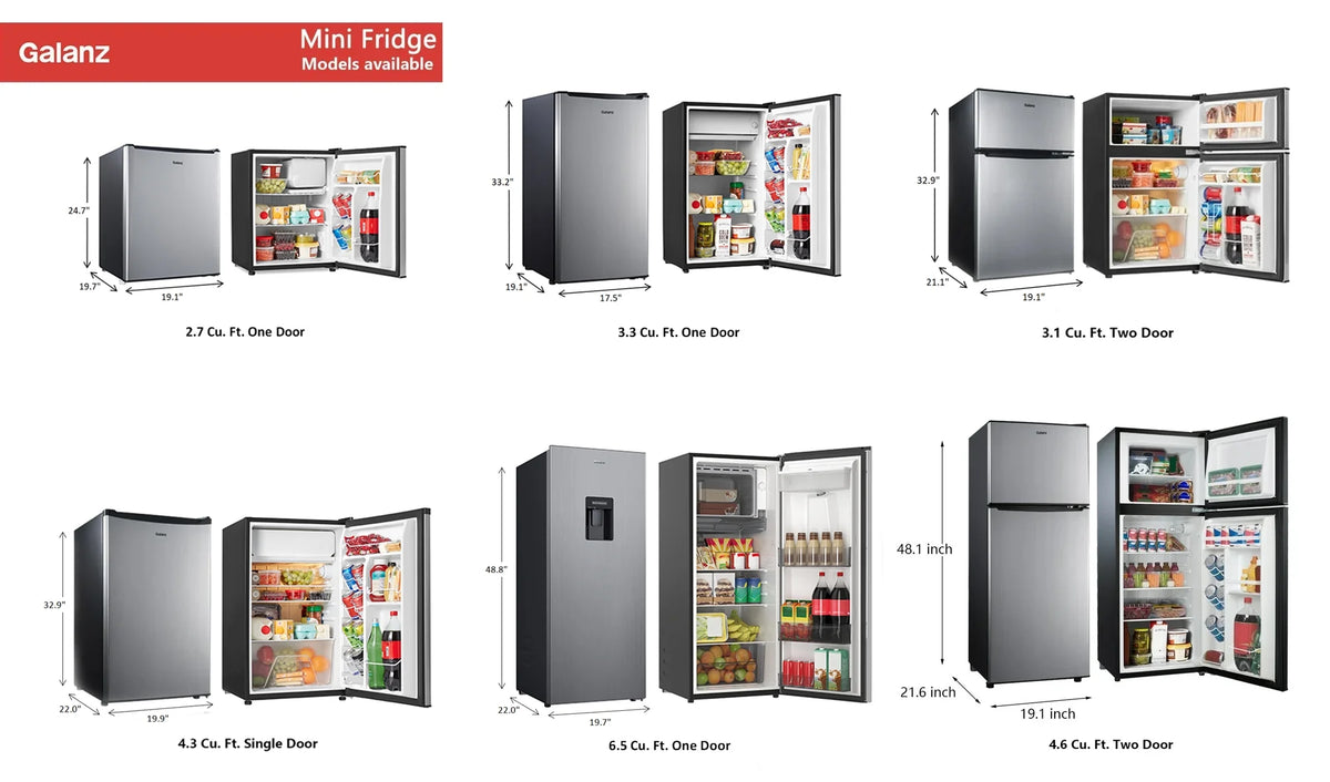 Galanz 4.3 Cu ft Single Door Mini Fridge, Stainless Steel Look, New, Width 19.12"