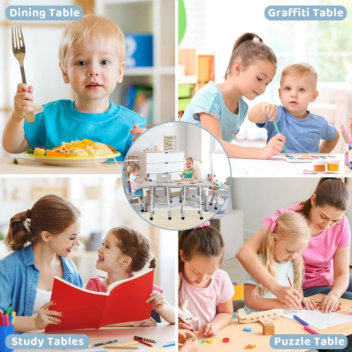 Arlopu Adjustable Kids Table and 6 Chairs Set, Toddler Play Activity Table Set with Graffiti Tabletop, Preschool Kids Furniture Table Set for Reading, Drawing, Eating
