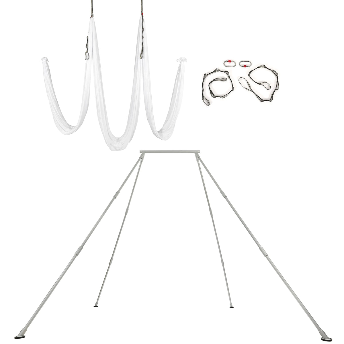 Kojem 97"/2.46m Aerial Stand Yoga Frame Portable Rig Yoga Swing Bar 551 LBS/250KG Indoor Outdoor Aluminum �?Nylon with 39Ft/11.8m Aerial White Silk Yoga Hammocks