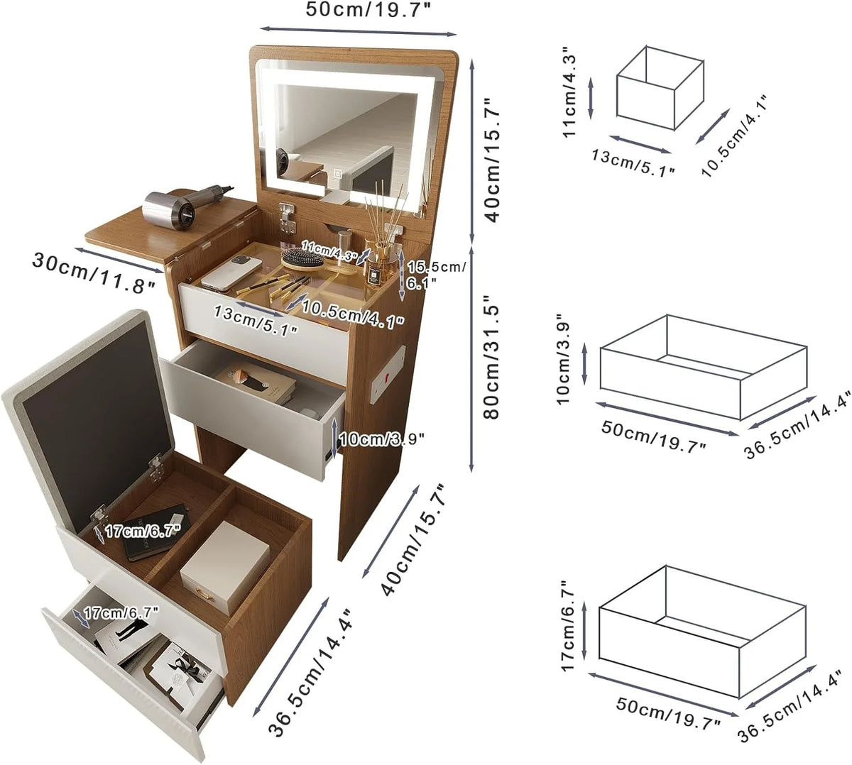 Vanity Desk with Flip Top Lighted Mirror, Compact Makeup Table with Storage Stool, Integrated Vanity with Drawers, 3-in-1 Vanity Set, Small Dressing Desk for Bedroom