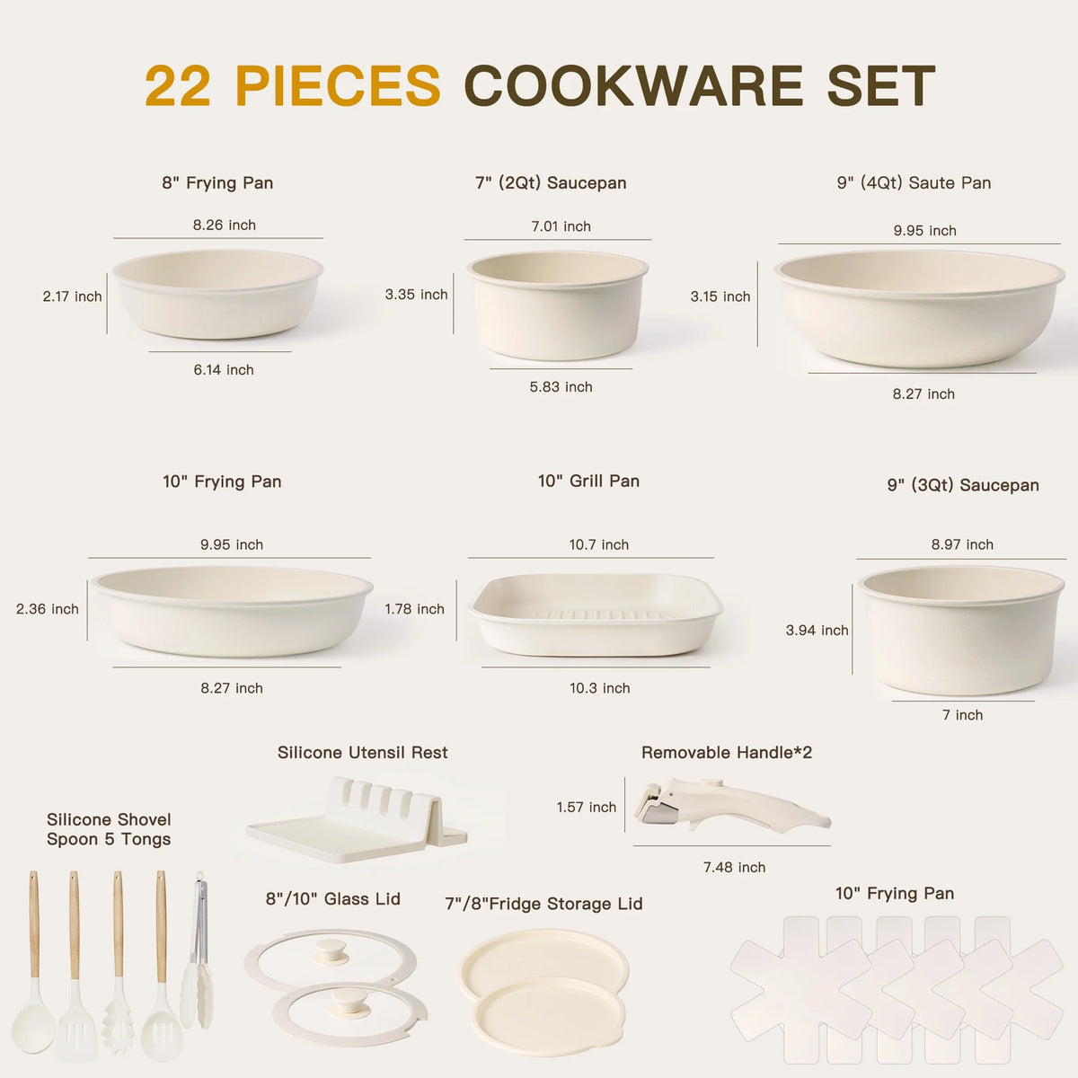 Astercook 22 Piece Ceramic Pots and Pans Set Non Stick, Cookware Set with Detachable Handles, Oven Safe, Induction Ready, Stackable RV Kitchen Cooking Set, Cream White