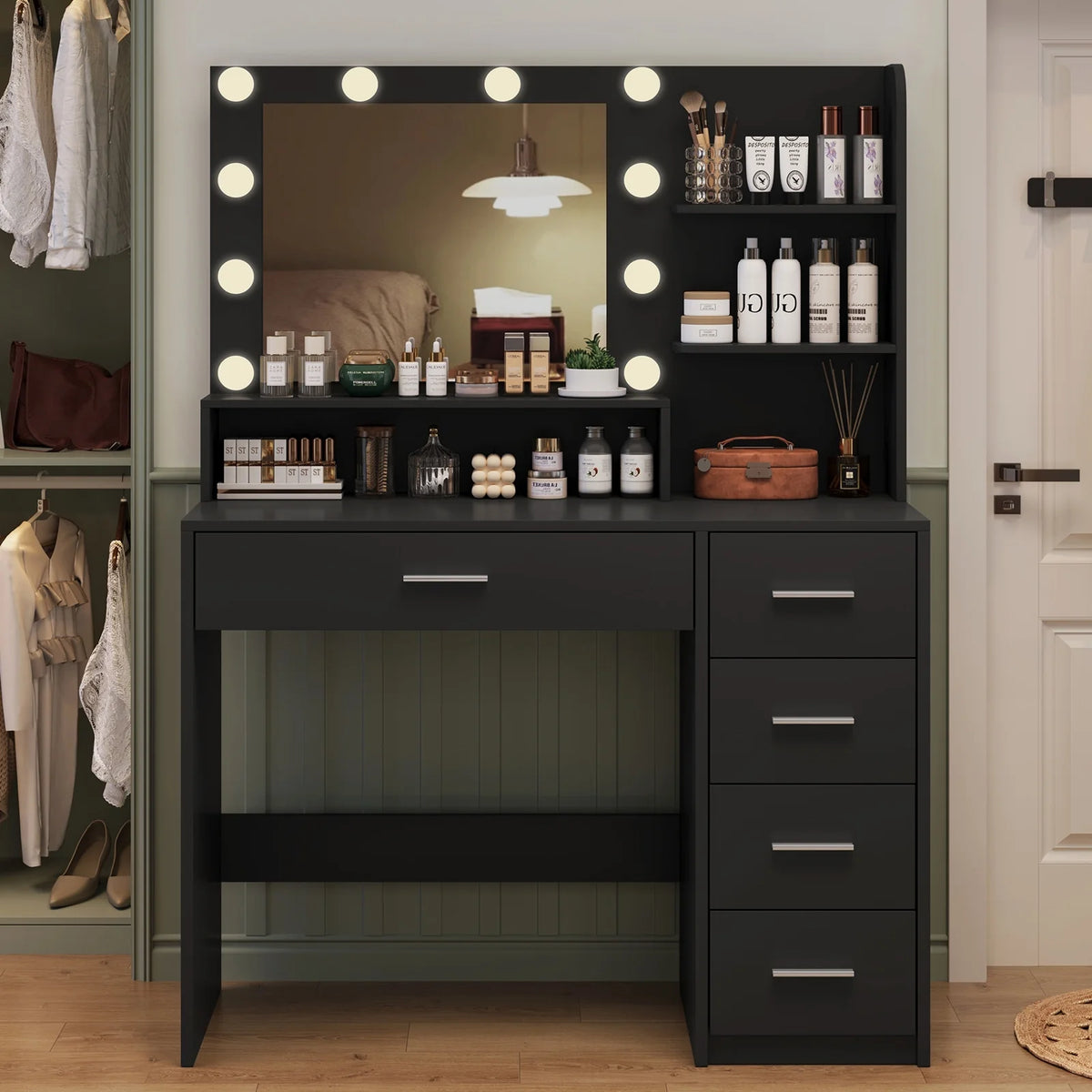 Makeup Vanity Desk with Mirror & Lights, Vanity Table with 5 Drawers & Storage Shelves, Makeup Vanity , 3 Color Modes & Adjustable Brightness Dressing Table, Bedroom, White