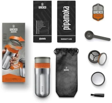 Pipamoka Portable Coffee Maker, Coffee brewer, All-in-one Vacuum Pressured,Insulated Travel Mug, Hand Powered and Pressure Brewer, Stainless Steel Thermo Cup, 10 fl oz