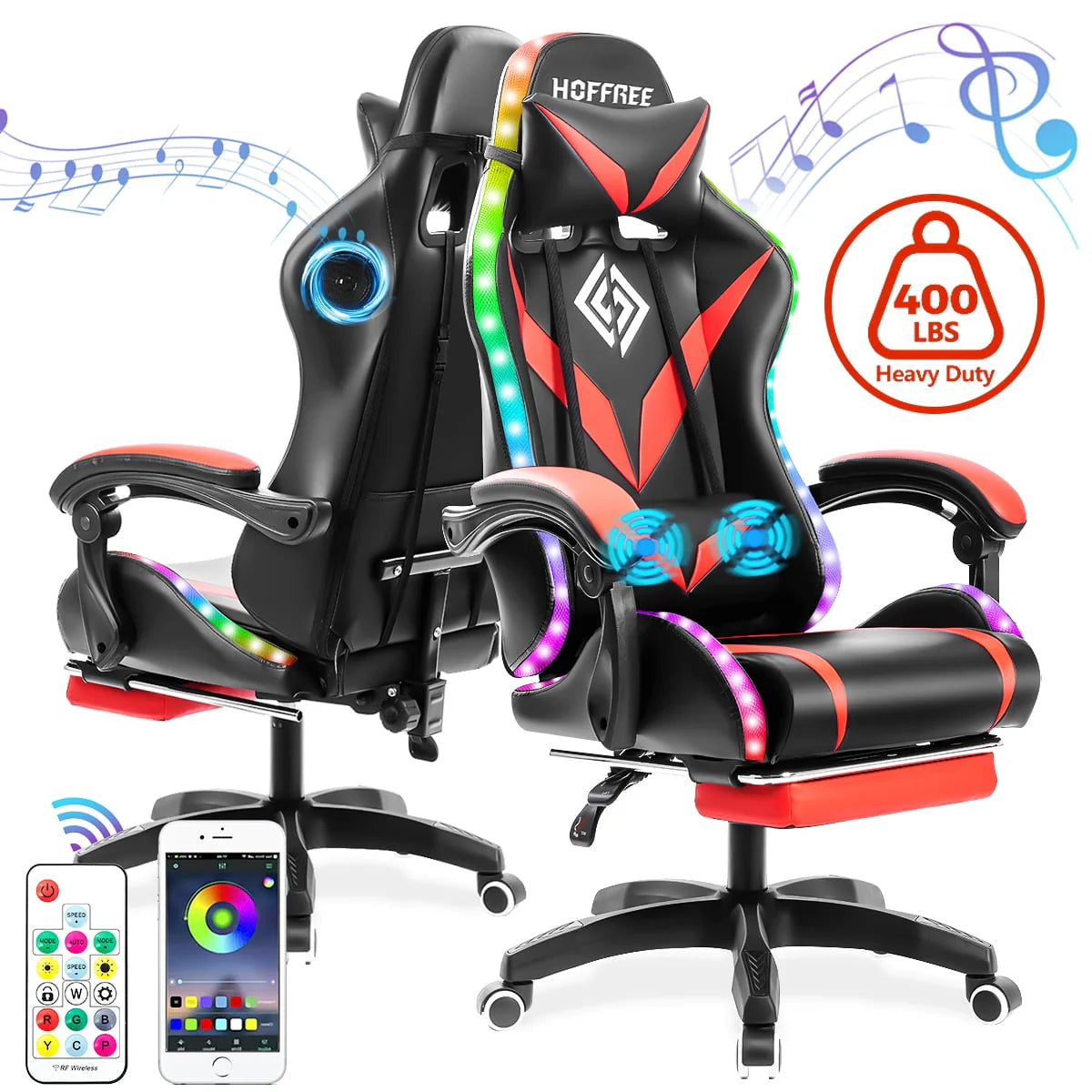 Hoffree Gaming Chair with Bluetooth Speakers Office Chair with Footrest and LED Lights Ergonomic Gaming Chairs High Back with Lumbar Support and Headrest Adjustable Swivel for Home Office 300lb