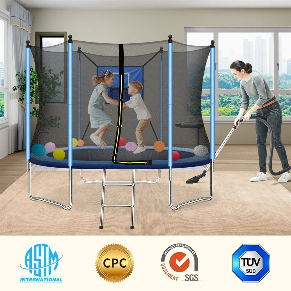 8FT Kids Recreational Trampoline with Basketball Hoop, Enclosure Net and 2 Steps Ladder for Indoor, Outdoor and Backyard, Blue