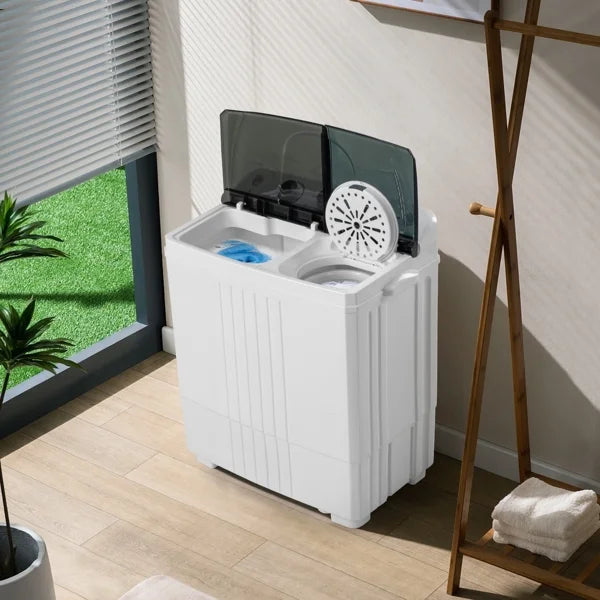 20Lb Twin Tub Washing Machine w/ Built-In Pump - Semi-Automatic 1300RPM Compact Washer for Apartment, Dorm, RV, Camping, White/Black