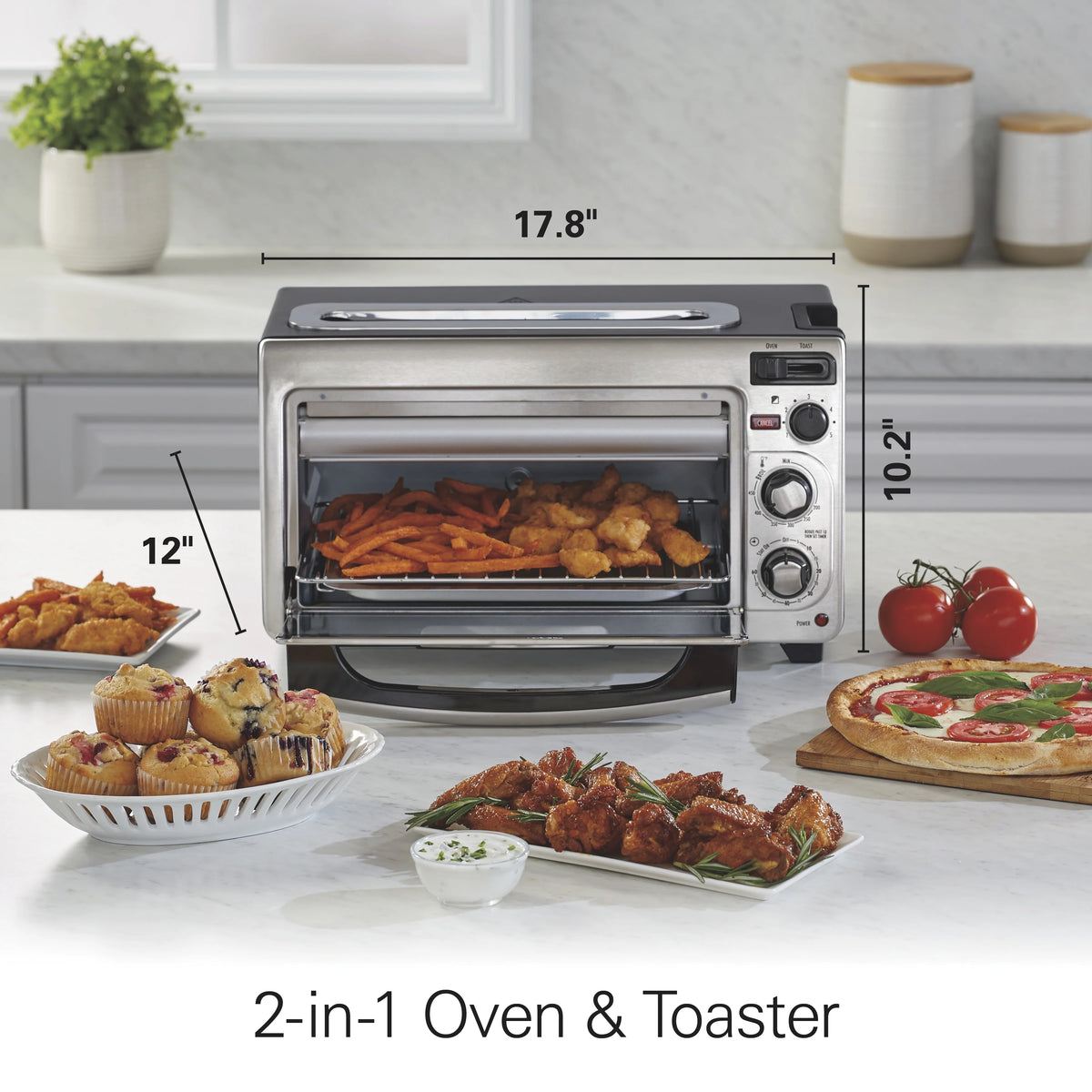 Hamilton Beach 2-in-1 Countertop Toaster Oven & Long Slot 2 Slice Toaster Combo, Stainless Steel