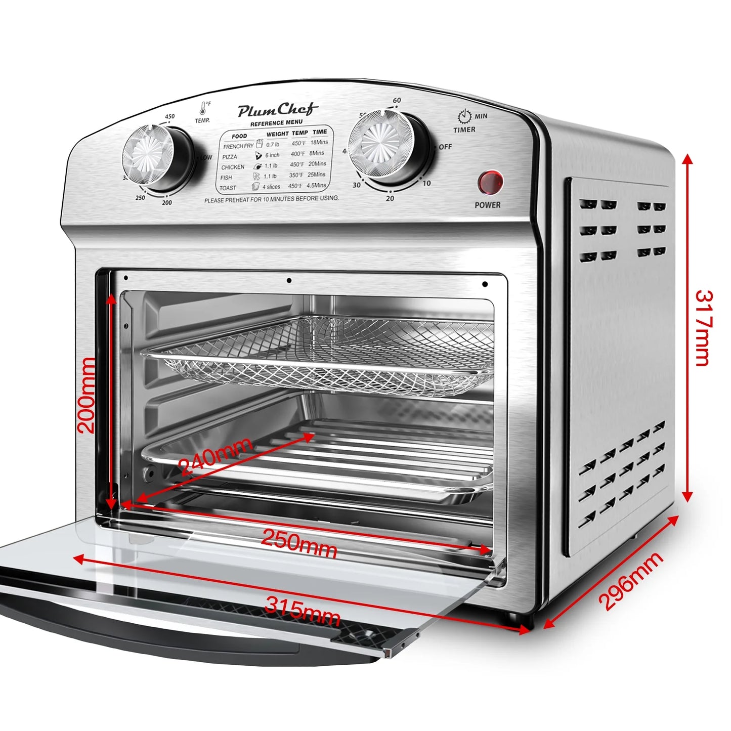 PlumChef 12 Quart 4 Slices Air Fryer Convection Toaster Oven, 1500W , 4 Cooking Modes, 7 in 1 Multifunction with Roast, Bake, Grill, Broil, Toast, Dehydrate, Defrost, Stainless Stee