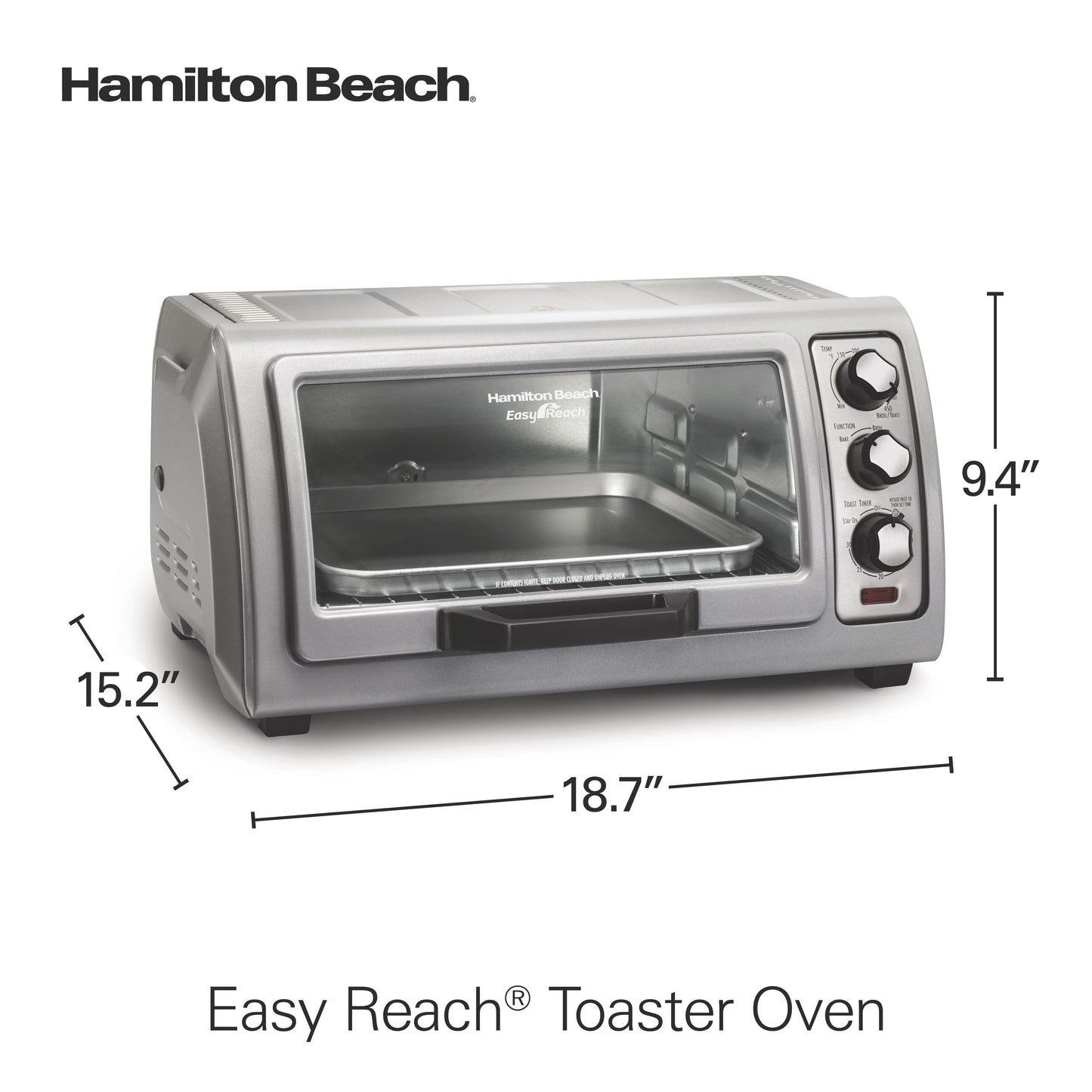 Hamilton Beach 6 Slice Countertop Toaster Oven with Easy Reach Roll-Top Door, Bake, Broil & Toast Functions, Silver