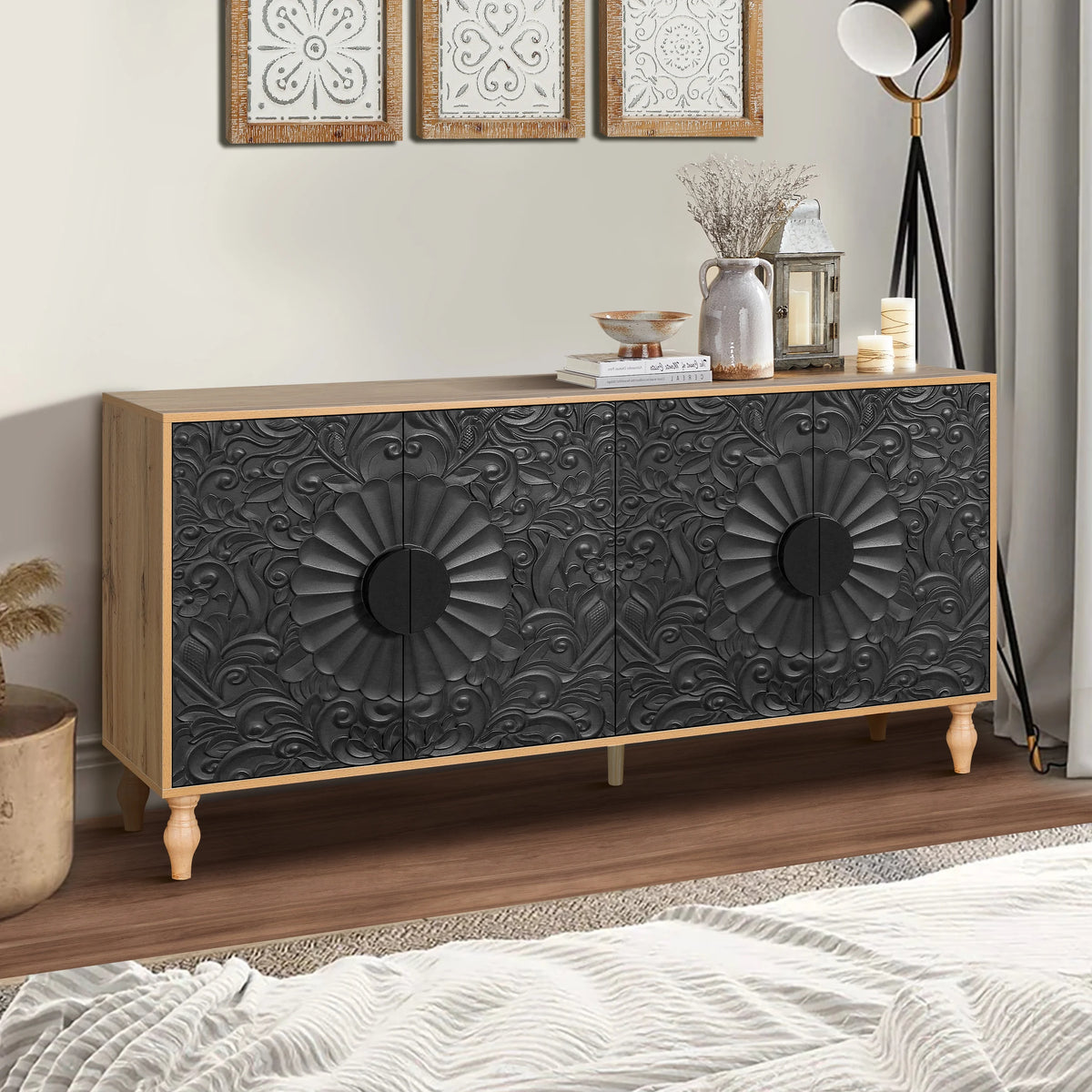 Aukfa 63" Large Accent Storage Cabinet TV Stand with Carved Door for Living Room,Entryway,Natural