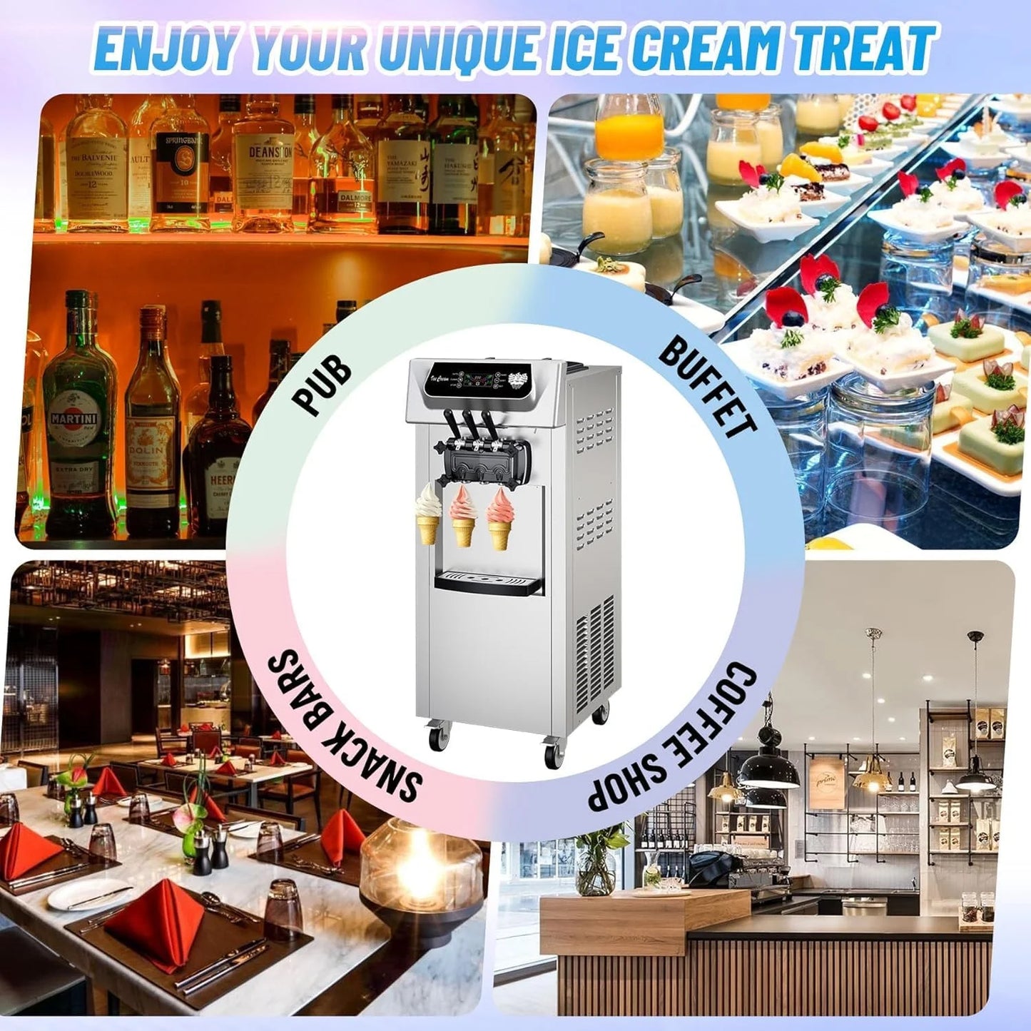 Commercial Ice Cream Maker, 3 Flavors, 20-28L/H Yield, LCD Panel, Auto Clean, 2200W Countertop Soft Serve Machine w/ 2x7L Hopper, Frozen Yogurt Maker for Restaurant Snack Bar