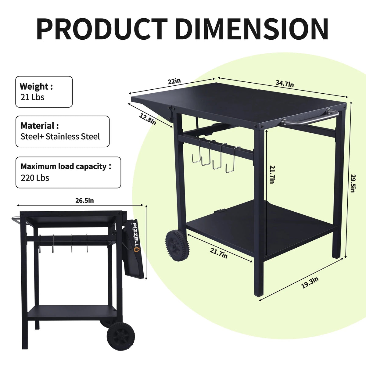 Pizzello Outdoor Grill Pizza Oven Food Prep Bbq Cart Stand Table with Storage Wheels Expandable Countertop, Black