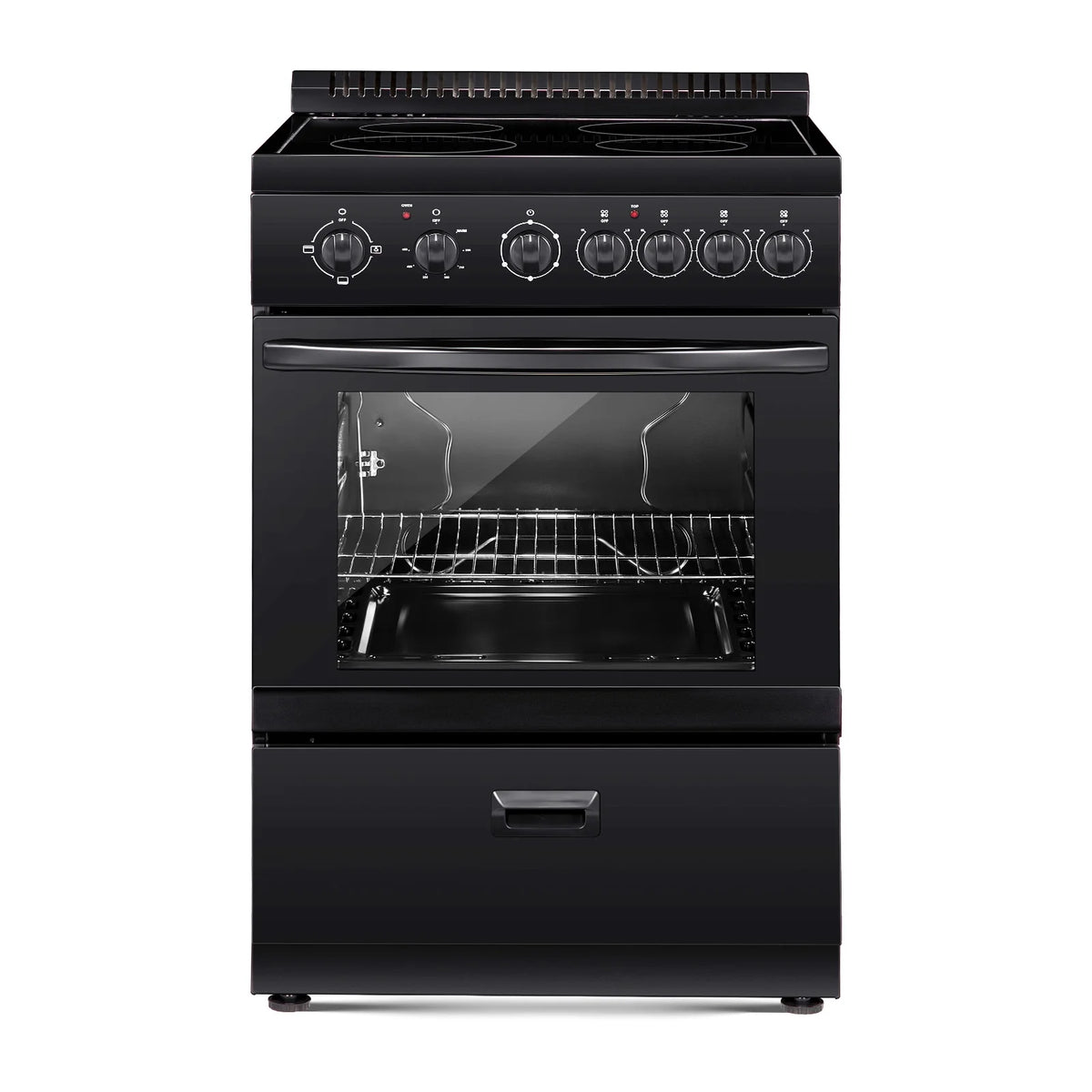 KFFKFF 24-inch Electric Range Oven, 2.7 Cu. Ft. Compact Freestanding Design, Stainless Steel Finish, Features 4 Burners, Adjustable Racks, Storage Drawer, Drip Pan, and Indicator Light, Black