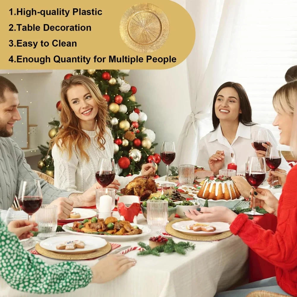 Antique Gold 13" Charger Plates - 100-Pack Plastic Dinnerware for Weddings, Holiday Tablescapes & Luxury Events
