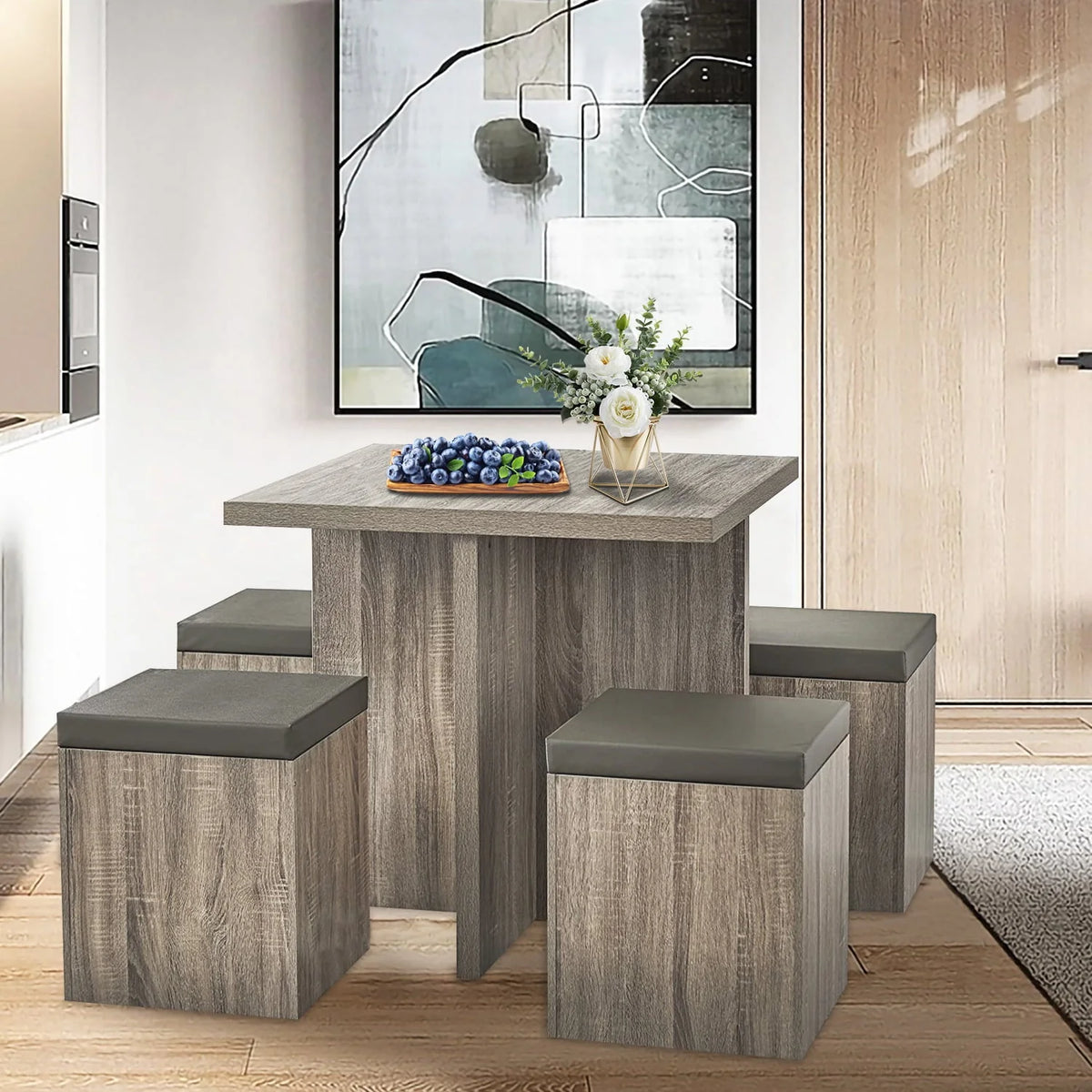 SUGIFT 5-Piece Dexter Dining Set with Storage Ottoman, Taupe