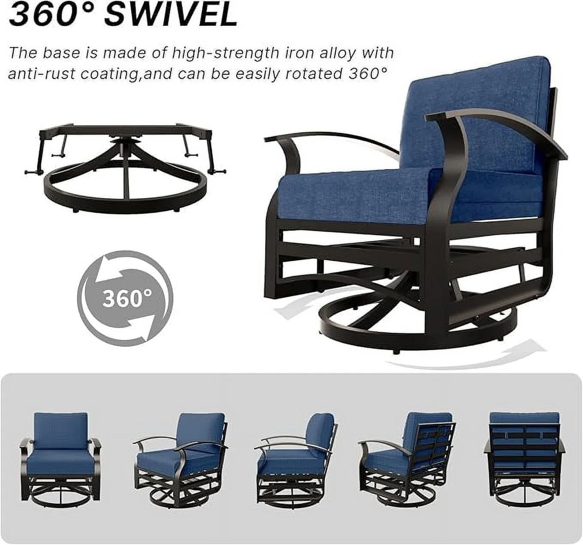 ALAULM 3 Piece Patio Outdoor Aluminum Metal Swivel Rocking Chair with 1 Coffee Table and 2 Khaki Padded Cushions Outdoor Metal Swivel Rocking Chair Furniture Conversation Set for Porch Garden