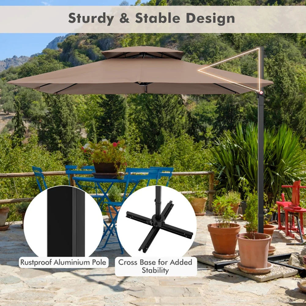 GVN 9.5 Feet Cantilever Patio Umbrella with 360° Rotation and Double Top-Coffee, Patio Offset Umbrella with Easy Tilt Adjustment, Cantilever Patio Umbrellas, Sunshade Umbrella Canopy