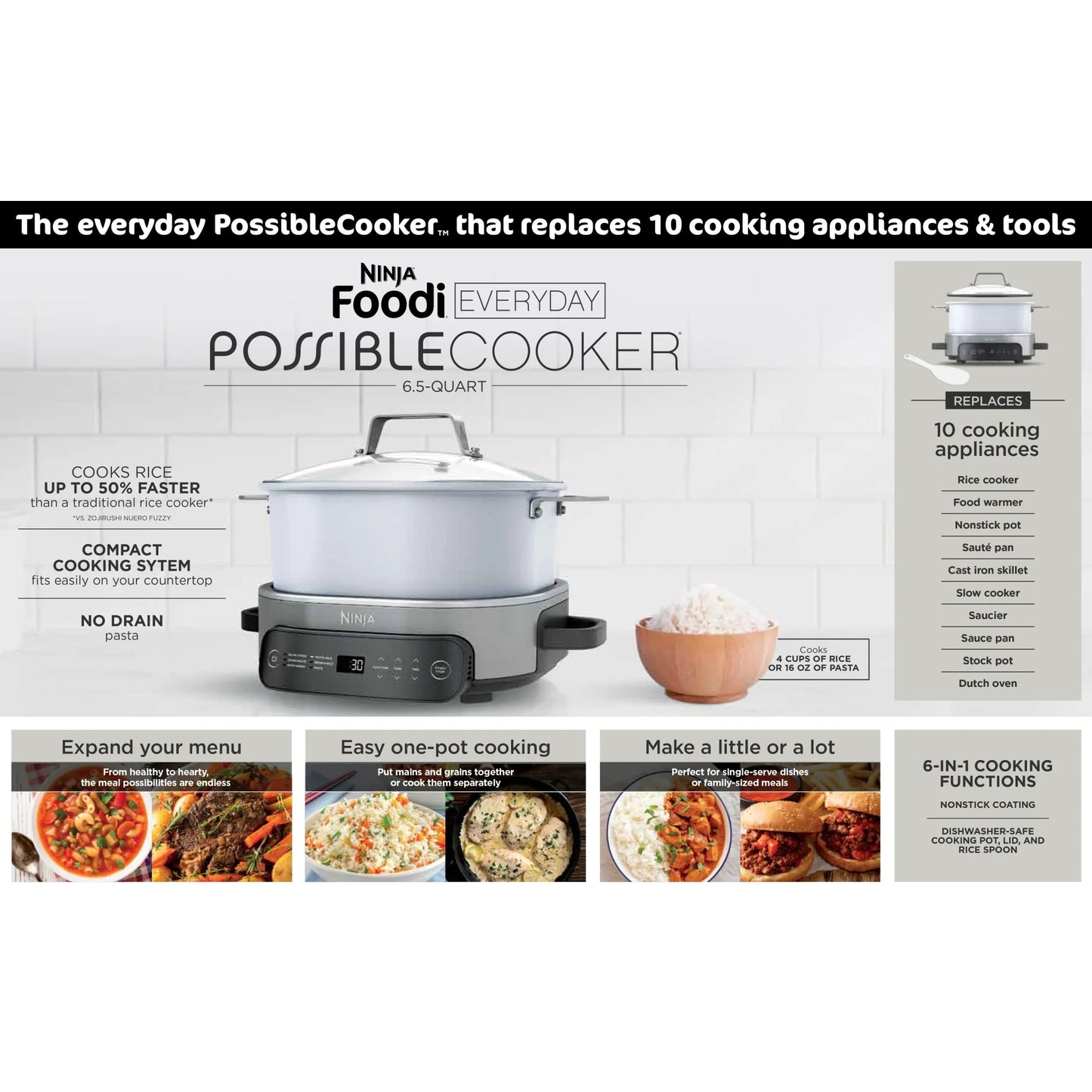 Ninja Foodi 6.5 qt Everyday PossibleCooker, Stainless Steel/White, Multi Cooker, Slow Cooker, MC1100