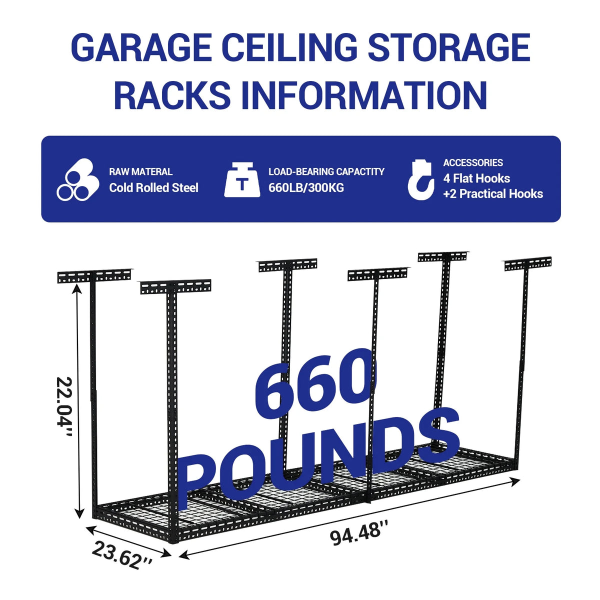 Overhead Garage Storage Rack - Heavy Duty 300kg Capacity, Adjustable 56-100cm Height, 180x120cm Black Steel Shelving with Hooks for Garage Organization